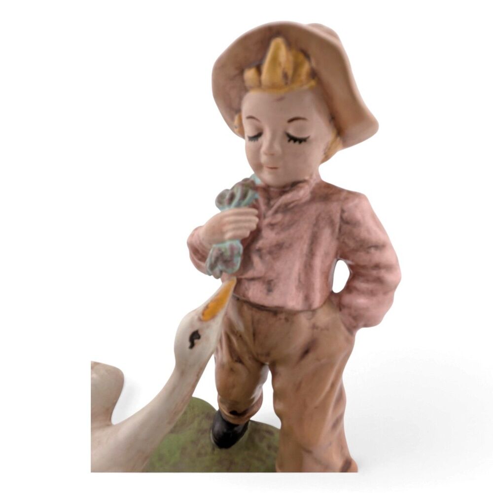 Vintage Boy Girl with Geese Ceramic Figurines Pair Hand Painted Signed Evelyn 9"